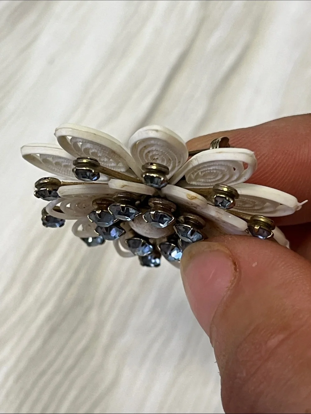Antique Cream Floral Brooch with Blue Rhinestones